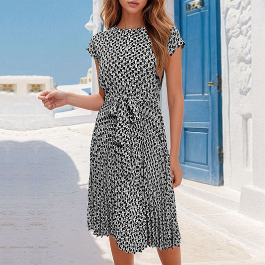 Women's Elegant Lace Up Pleated Midi Dress For Modern Style