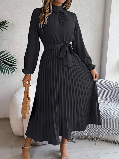 Women's Pleated Midi Belted Long Sleeve Occasion Dress - Relaxed Fit
